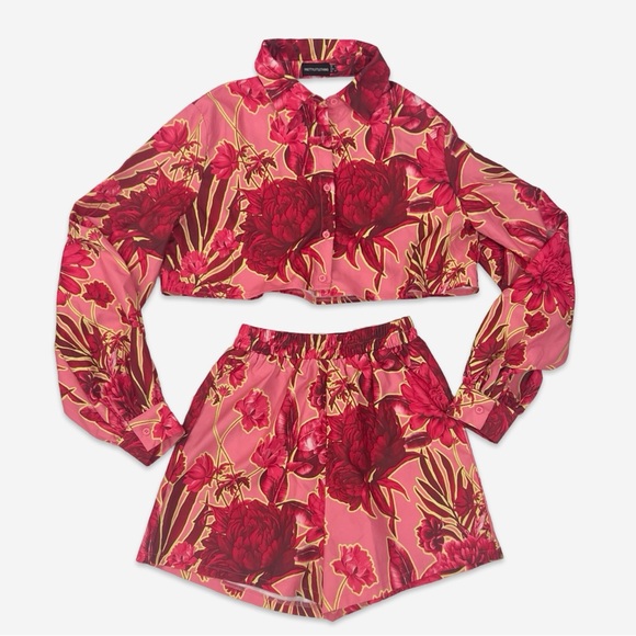 PLT Pink Floral Print Woven Cropped Shirt Short Set - Picture 3 of 8